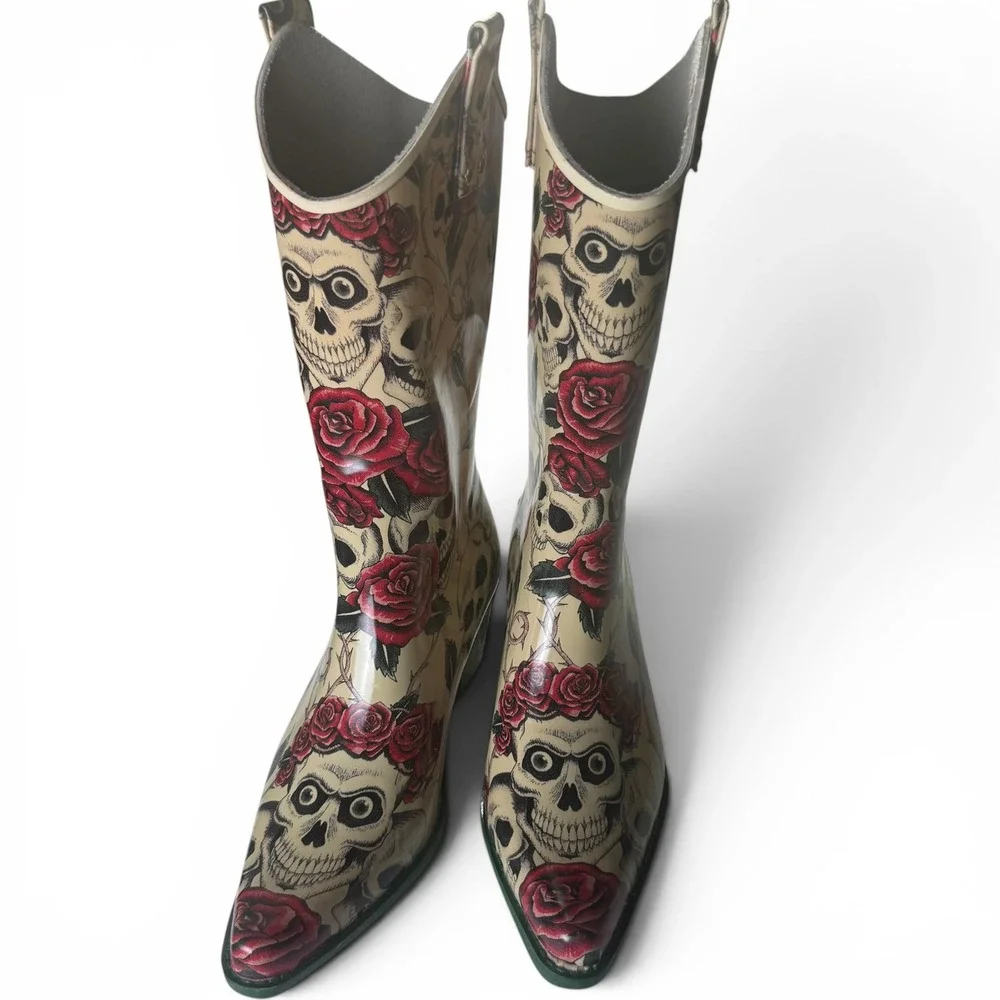 Goth Cowgirl Nomad Western Size 7 Skull Rose Rubber Rain Boots Womens Punk Green